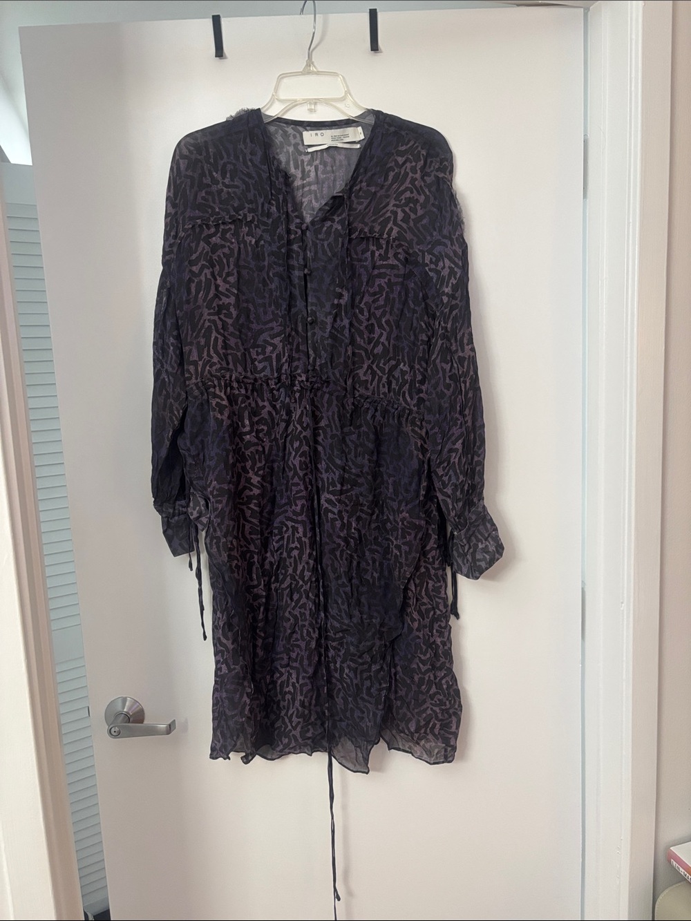 IRO Black and Deep Purple Patterned Long Sleeve Dress